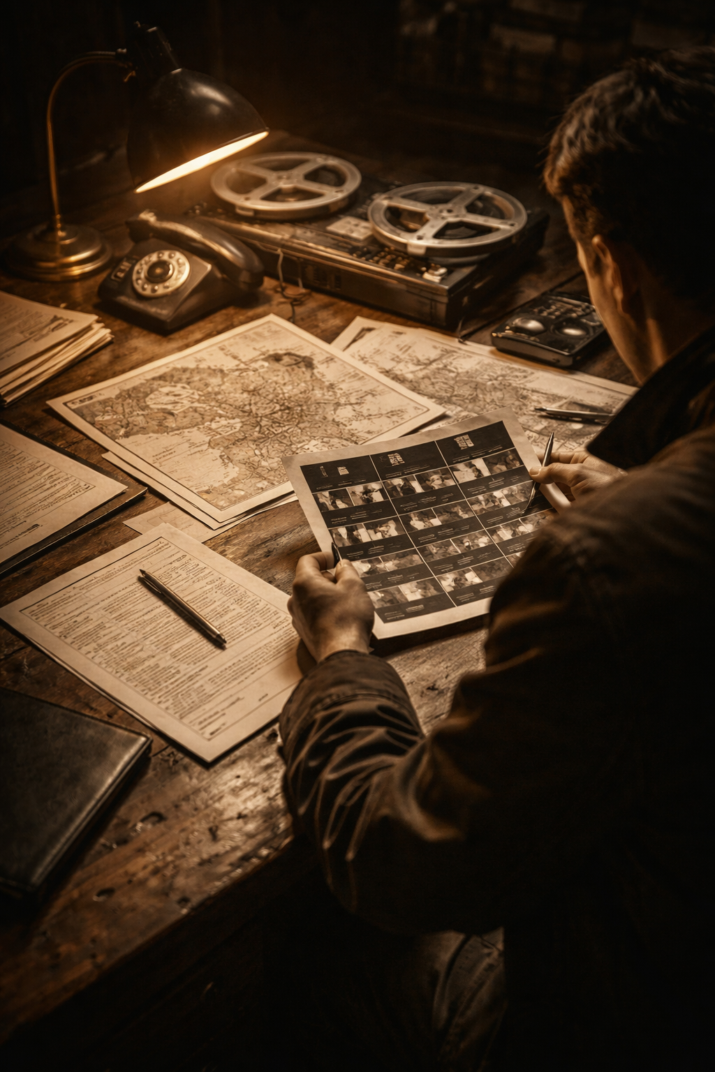 Archival-style photograph of a surveillance professional reviewing printed documents and film at a warmly-lit desk with analog equipment.