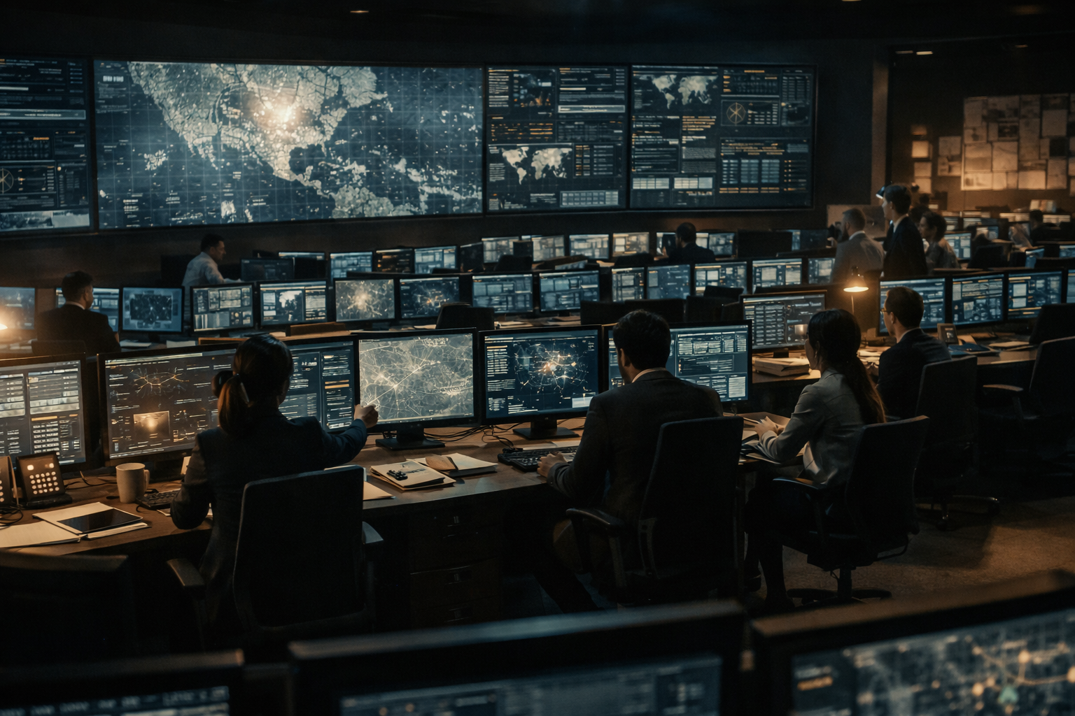 Wide view of a modern multi-monitor command center with professionals coordinating across agencies.
