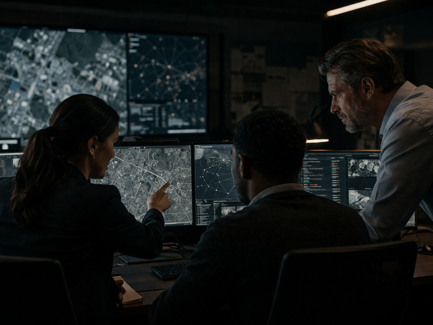 A diverse professional team collaborating in a modern operational environment around multi-monitor workstations.
