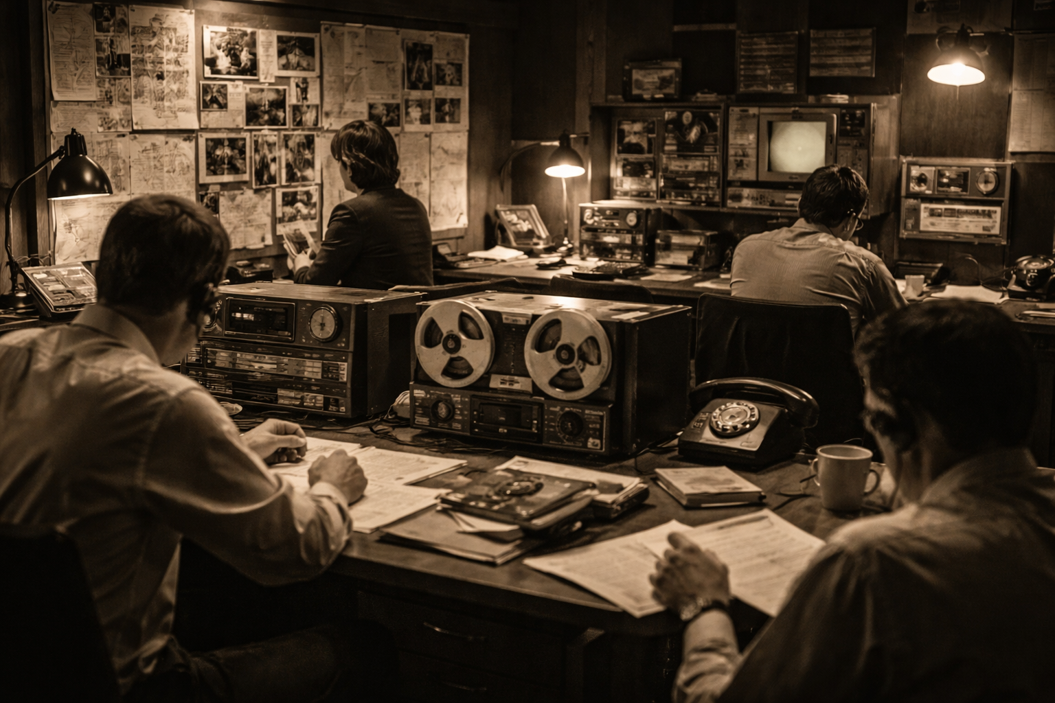 Archival black-and-white style photograph of a mid-20th-century surveillance operations room with analog equipment.