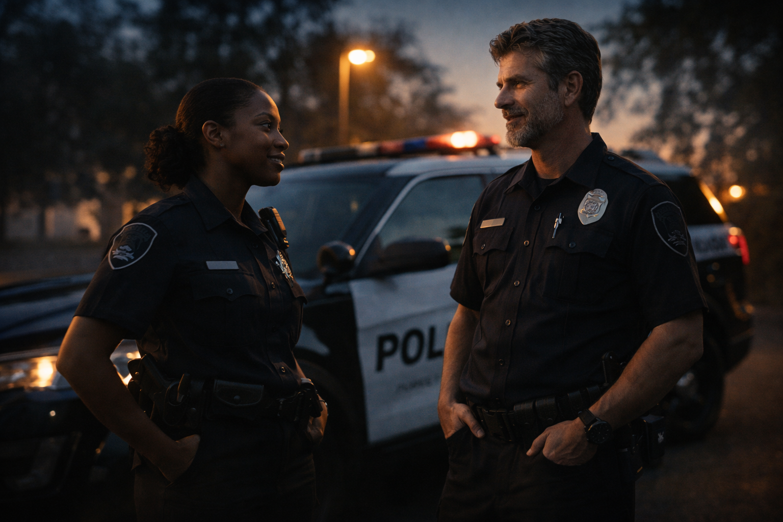 A diverse pair of police officers in conversation beside a patrol vehicle, showing approachable professional collaboration.