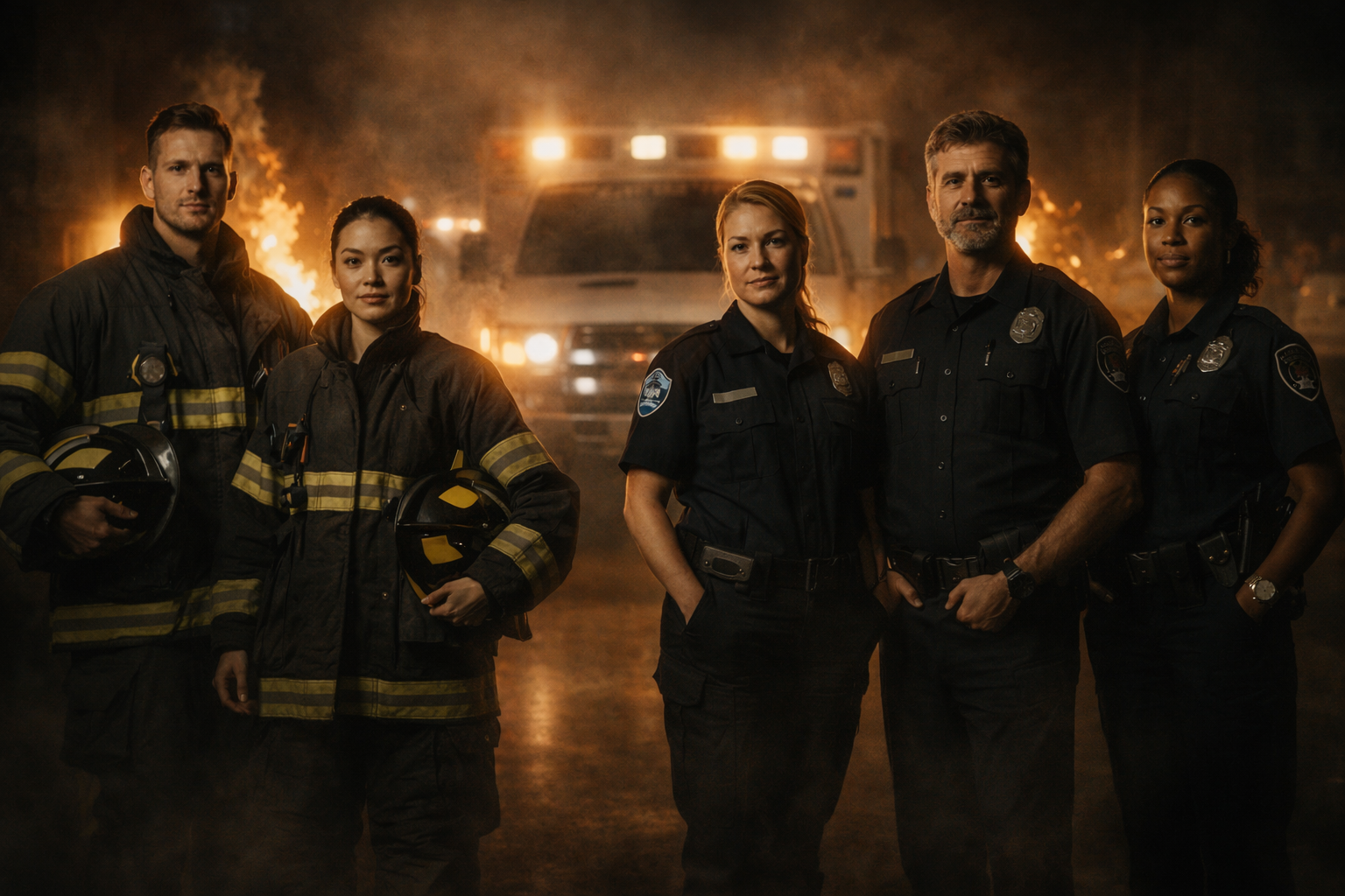A diverse group of public-safety professionals from fire, emergency medical, and police communities, shown together in a unified composition.