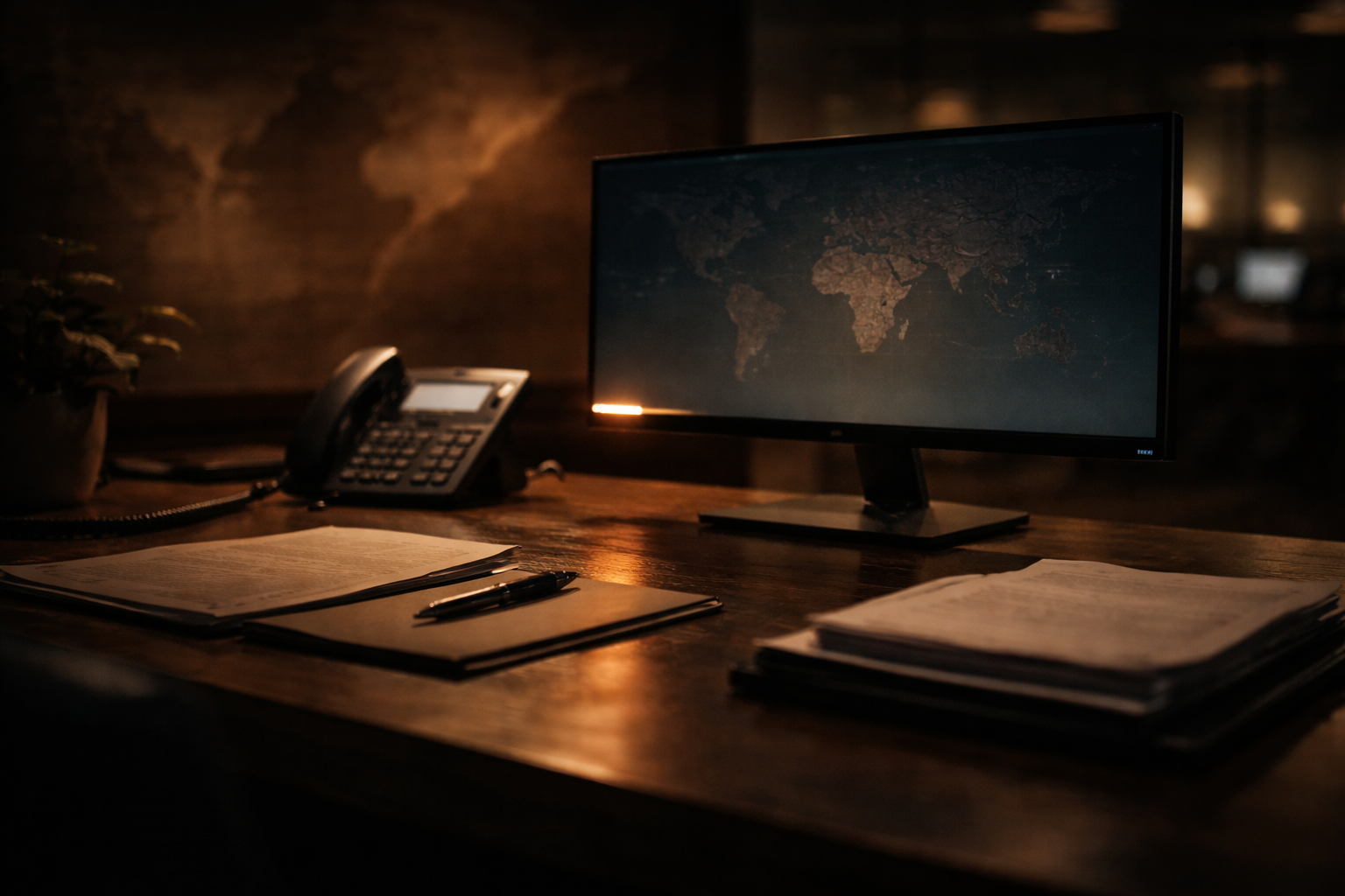 A professional desk setup at low light with a lit display, suggesting an active point of contact.