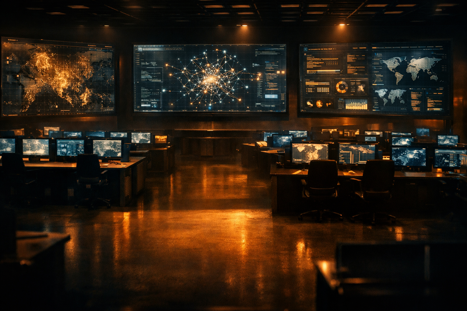 A modern operational command center at low light, with rows of monitors displaying map overlays and network data.