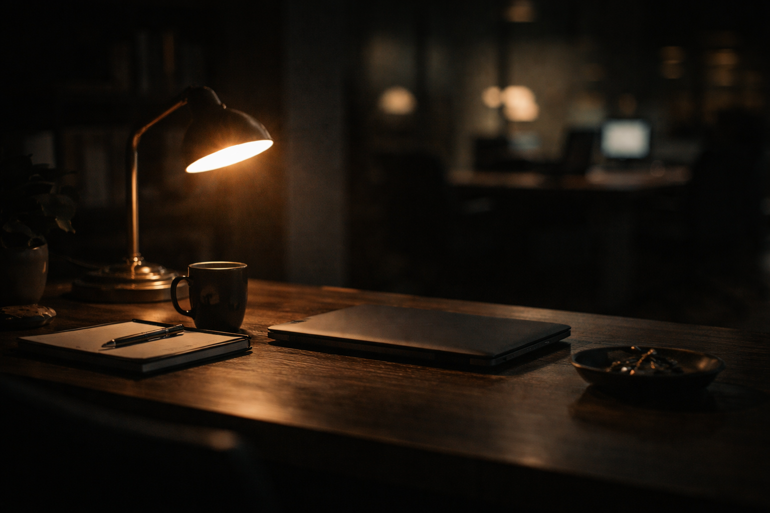 A quiet dark operational workspace at low light, a single amber lamp providing warm illumination.